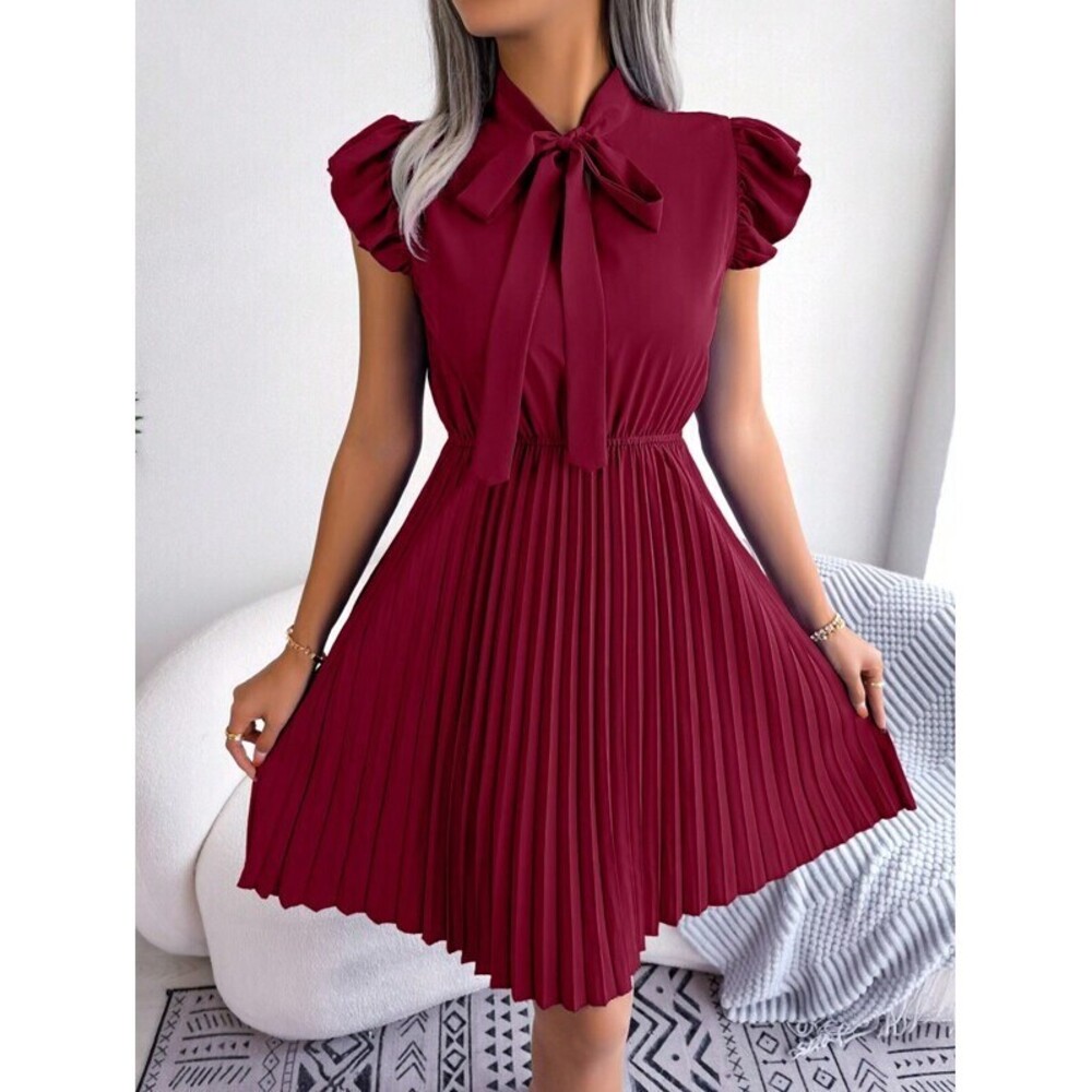 Tie Neck Ruffle Trim Pleated Hem Dress